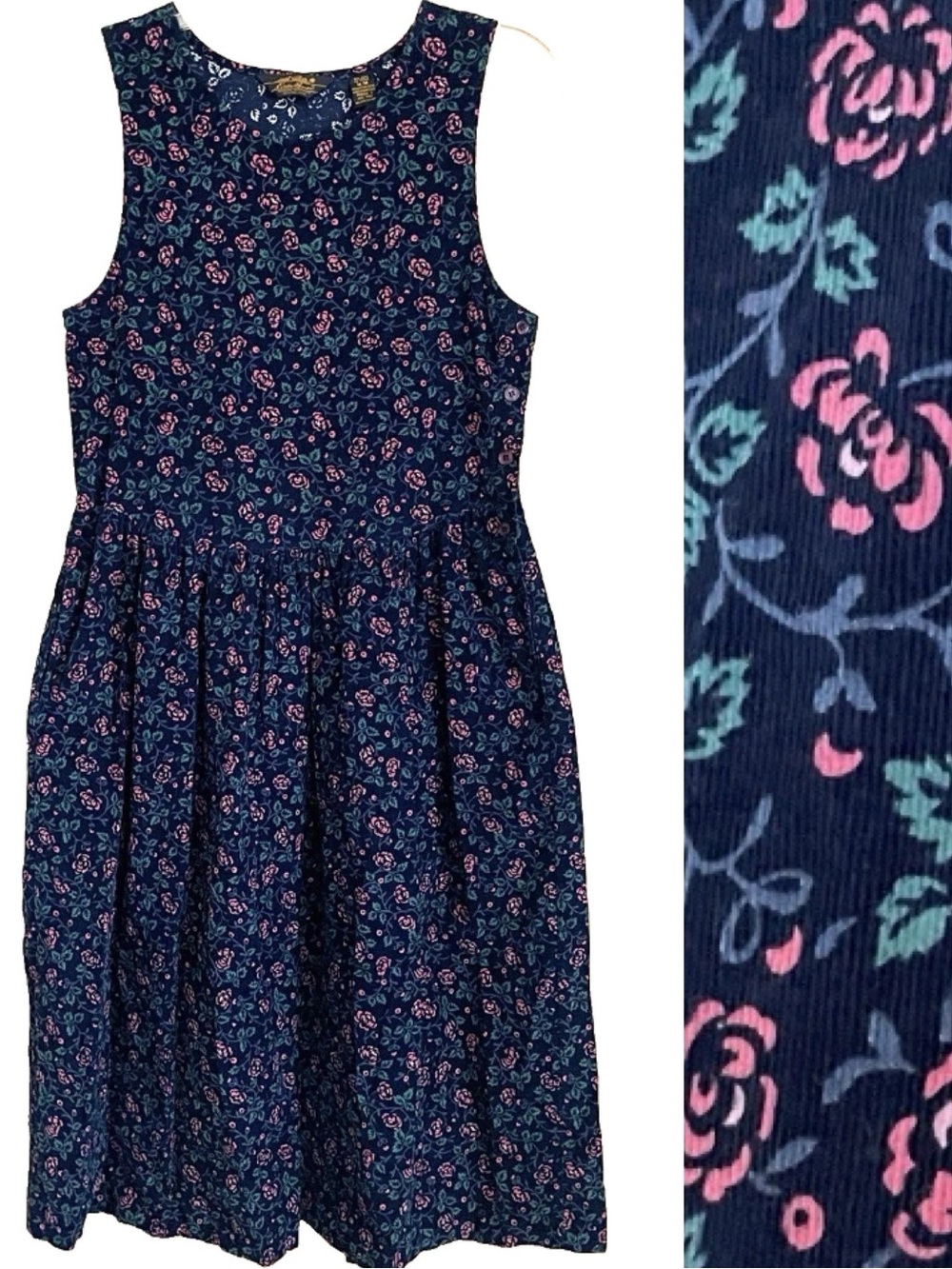 VTG Eddie Bauer Jumper Midi Dress M Corduroy Sleeveless Floral Modest Pinafore